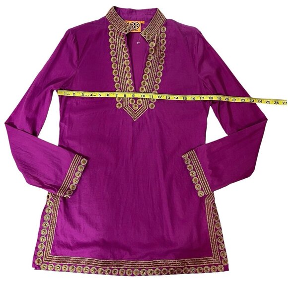Tory Burch Women Top Tunic Blouse Size 6 Magenta Gold Embroidery Long Sleeves - Picture 12 of 16
